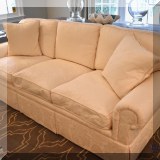 F07. EJ Victor ”Connoisseur” ivory colored damask down sofa. 32”h x 87”w x 36”d - $725